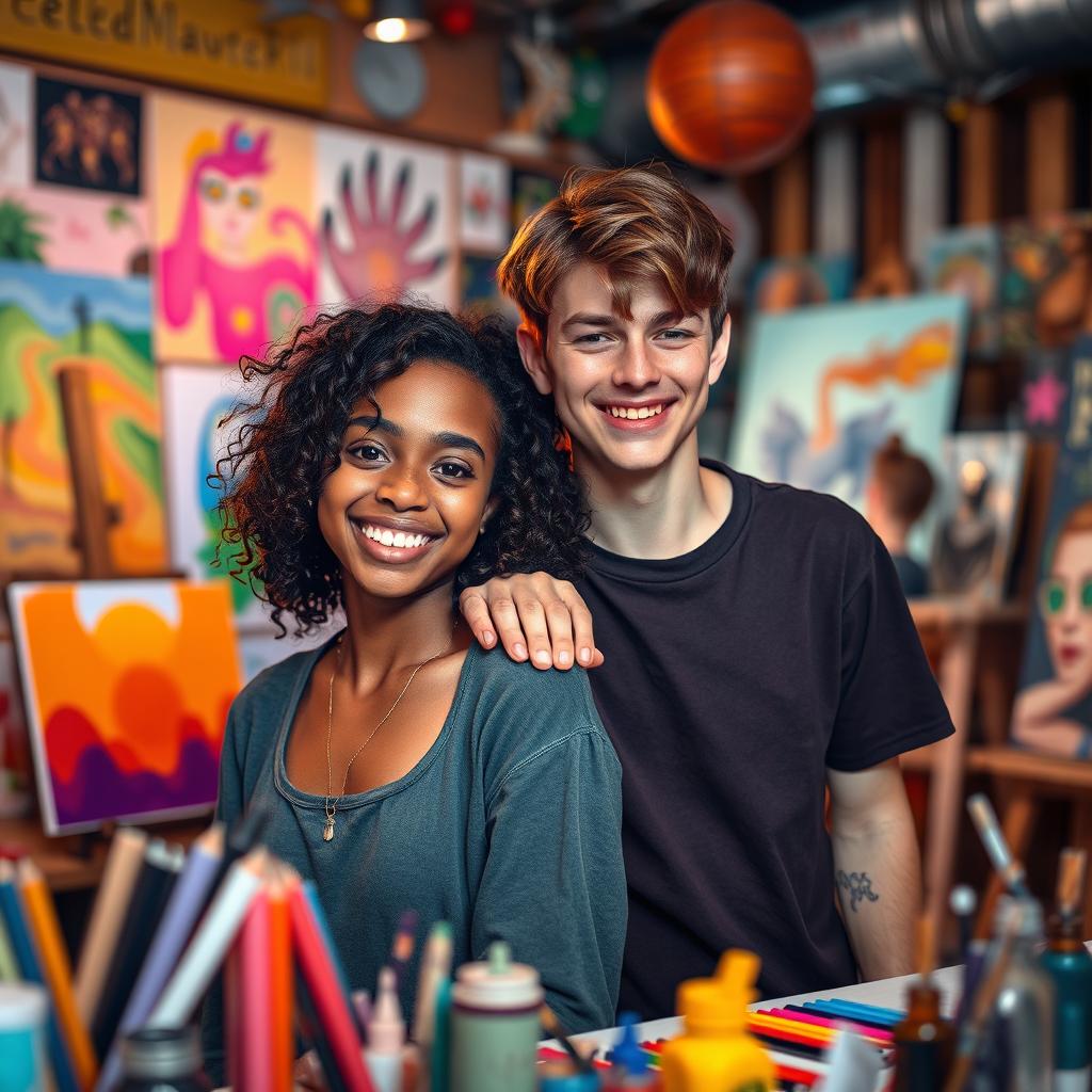 A vibrant scene of two teenage artists, one black girl with curly hair and one white boy with straight hair, both smiling and surrounded by colorful art supplies, canvases, and glowing lights