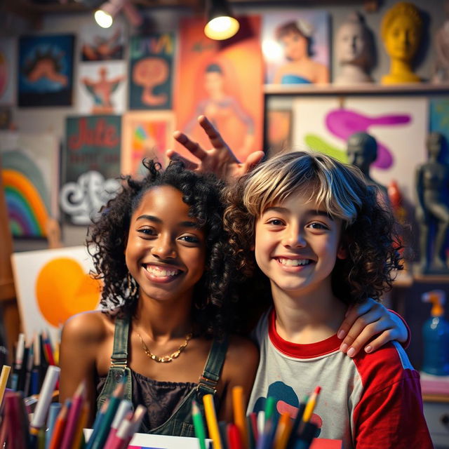 A vibrant scene of two teenage artists, one black girl with curly hair and one white boy with straight hair, both smiling and surrounded by colorful art supplies, canvases, and glowing lights