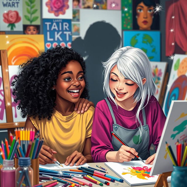 A vibrant scene depicting two teenage girl artists, one black with curly hair and one white with straight hair, both animatedly engaged in their artwork