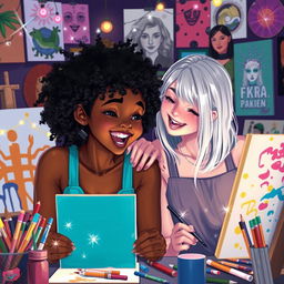 A vibrant scene depicting two teenage girl artists, one black with curly hair and one white with straight hair, both animatedly engaged in their artwork