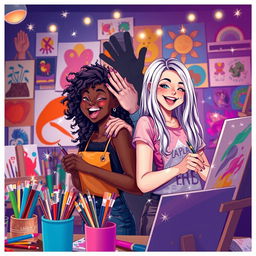 A vibrant scene depicting two teenage girl artists, one black with curly hair and one white with straight hair, both animatedly engaged in their artwork