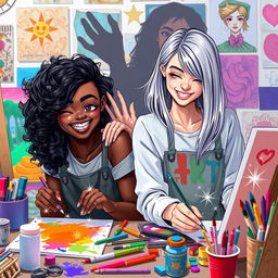 A vibrant scene depicting two teenage girl artists, one black with curly hair and one white with straight hair, both animatedly engaged in their artwork