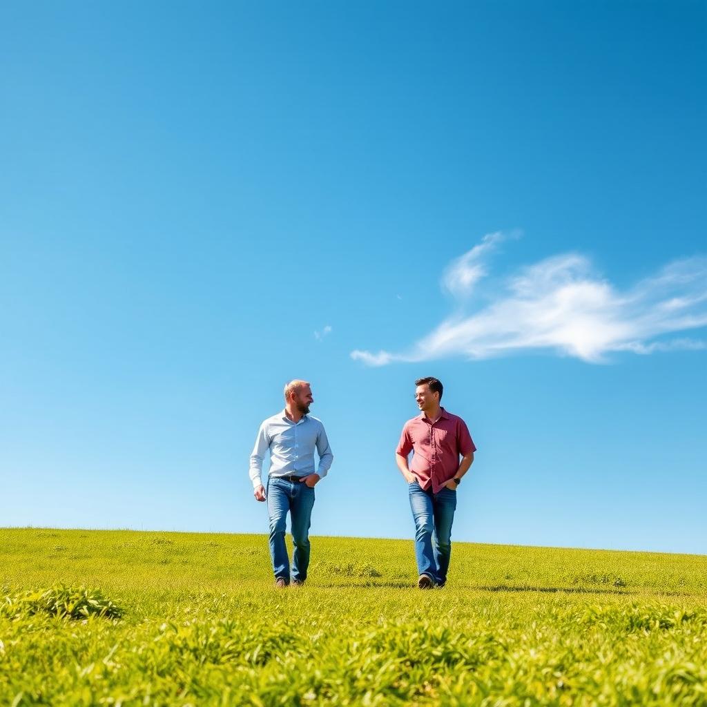 Two men walking across a vibrant green grass field under a clear blue sky