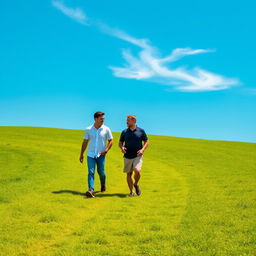 Two men walking across a vibrant green grass field under a clear blue sky