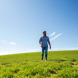 Two men walking across a vibrant green grass field under a clear blue sky
