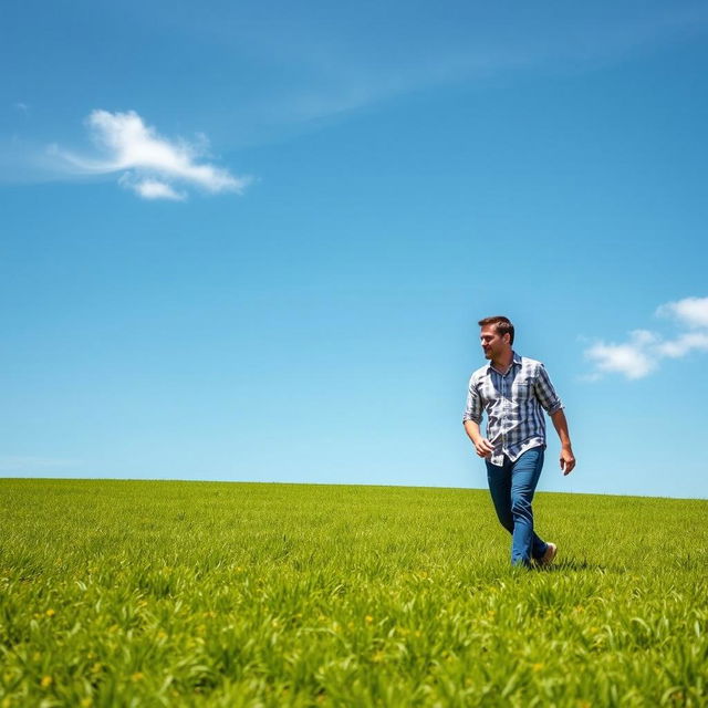 Two men walking across a vibrant green grass field under a clear blue sky