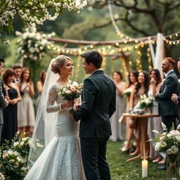A beautiful wedding scene featuring a bride and groom standing in a picturesque outdoor setting