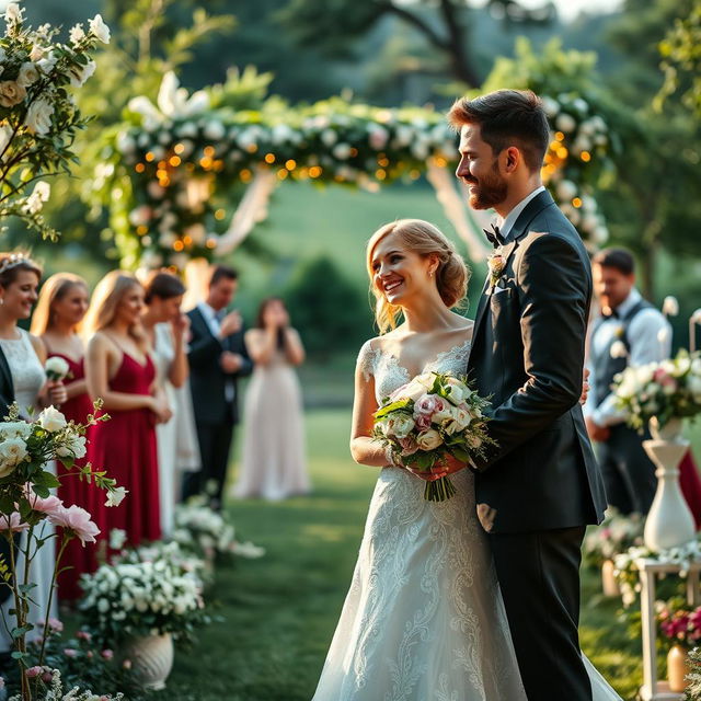 A beautiful wedding scene featuring a bride and groom standing in a picturesque outdoor setting