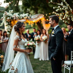 A beautiful wedding scene featuring a bride and groom standing in a picturesque outdoor setting