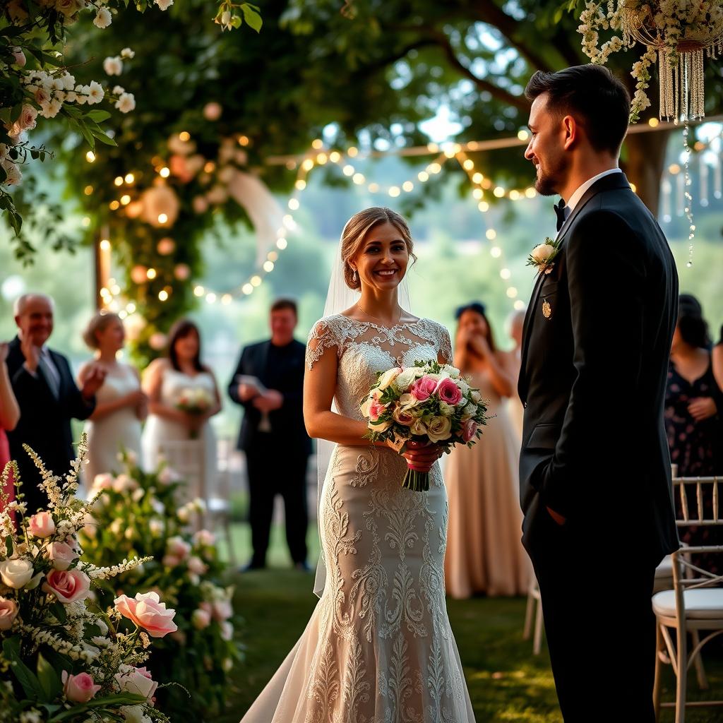 A beautiful wedding scene featuring a bride and groom standing in a picturesque outdoor setting