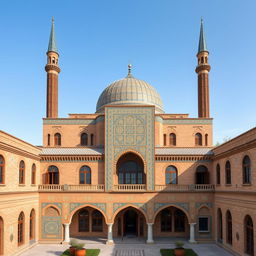 An exterior view of a residential building in Safavid architectural style, featuring a large dome and tall minarets