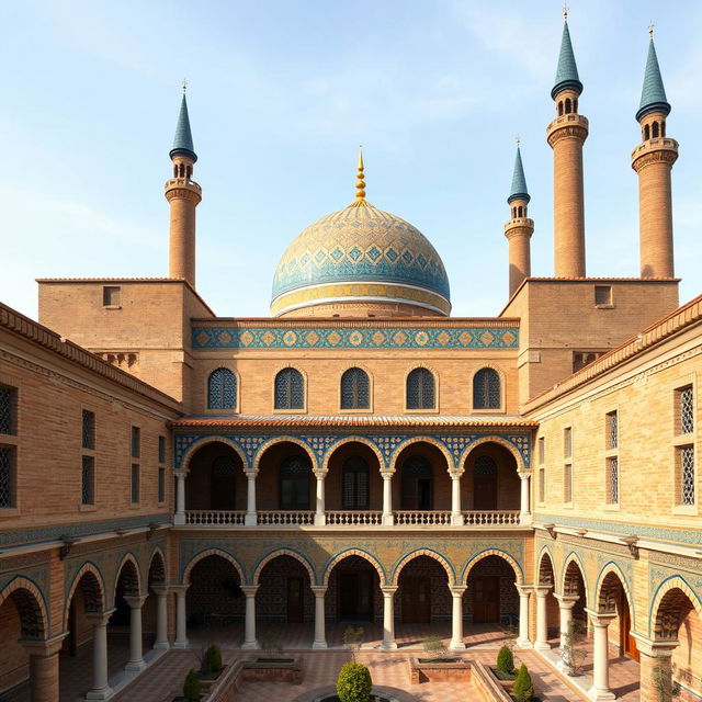 An exterior view of a residential building in Safavid architectural style, featuring a large dome and tall minarets