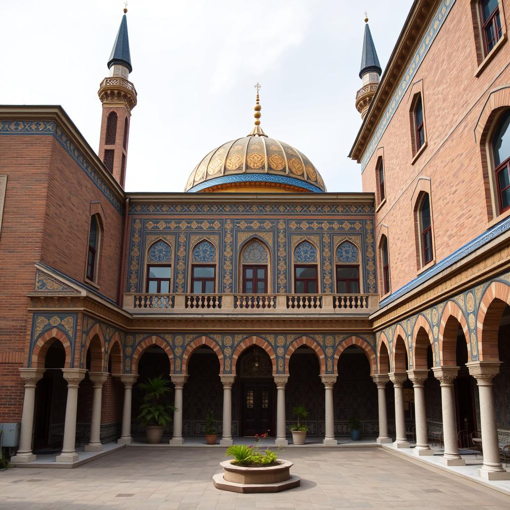 An exterior view of a residential building in Safavid architectural style, featuring a large dome and tall minarets