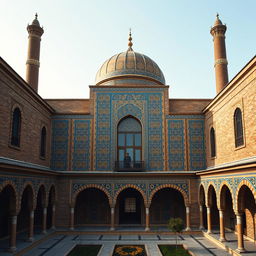 An exterior view of a residential building in Safavid architectural style, featuring a large dome and tall minarets