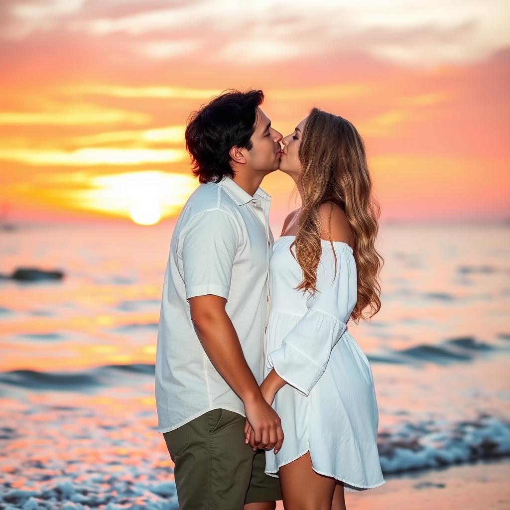A romantic scene featuring a couple sharing a kiss under a beautiful sunset