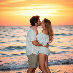 A romantic scene featuring a couple sharing a kiss under a beautiful sunset
