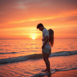 A romantic scene featuring a couple sharing a kiss under a beautiful sunset