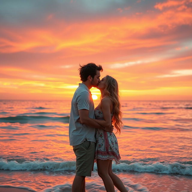 A romantic scene featuring a couple sharing a kiss under a beautiful sunset