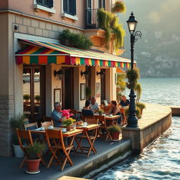 A charming Italian cafe with a colorful awning situated by a serene waterfront