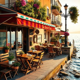 A charming Italian cafe with a colorful awning situated by a serene waterfront