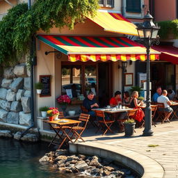 A charming Italian cafe with a colorful awning situated by a serene waterfront