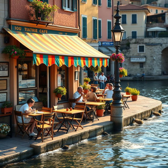 A charming Italian cafe with a colorful awning situated by a serene waterfront