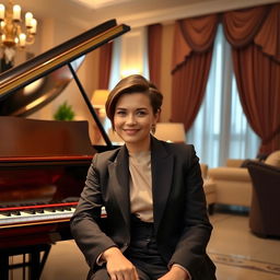 A stylish and elegant portrait of a person sitting next to a grand piano