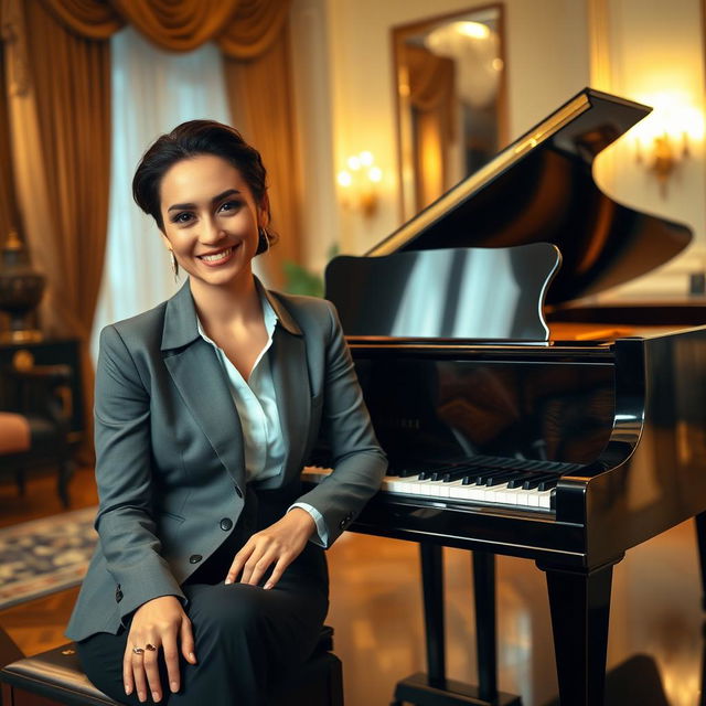 A stylish and elegant portrait of a person sitting next to a grand piano