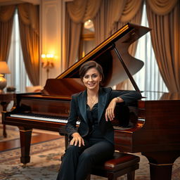 A stylish and elegant portrait of a person sitting next to a grand piano