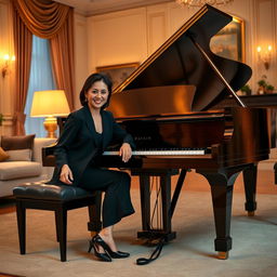 A stylish and elegant portrait of a person sitting next to a grand piano