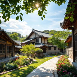 A tranquil scene in Hanok Village, showcasing traditional Korean architecture with beautifully constructed hanok houses