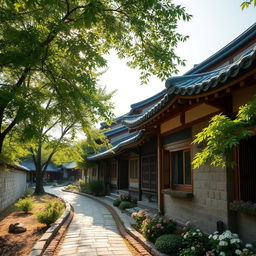 A tranquil scene in Hanok Village, showcasing traditional Korean architecture with beautifully constructed hanok houses