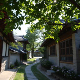 A tranquil scene in Hanok Village, showcasing traditional Korean architecture with beautifully constructed hanok houses