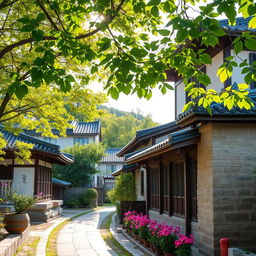 A tranquil scene in Hanok Village, showcasing traditional Korean architecture with beautifully constructed hanok houses