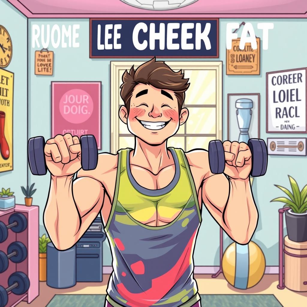 A beautifully illustrated scene depicting a person engaged in a fitness routine aimed at reducing cheek fat
