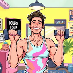 A beautifully illustrated scene depicting a person engaged in a fitness routine aimed at reducing cheek fat