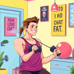 A beautifully illustrated scene depicting a person engaged in a fitness routine aimed at reducing cheek fat