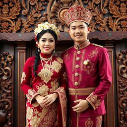 A beautiful Javanese wedding couple dressed in traditional maroon attire