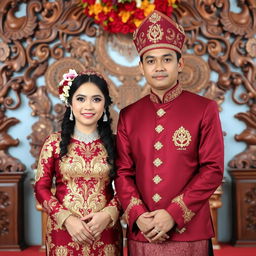 A beautiful Javanese wedding couple dressed in traditional maroon attire