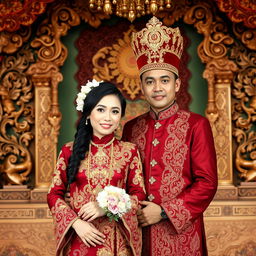 A beautiful Javanese wedding couple dressed in traditional maroon attire