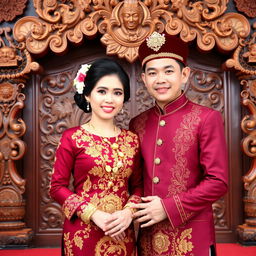 A beautiful Javanese wedding couple dressed in traditional maroon attire