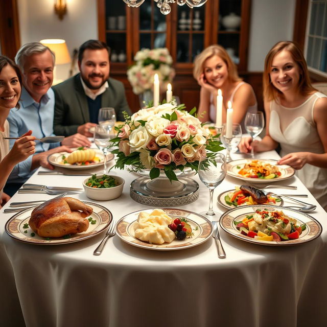 A beautifully arranged family dinner table set for six, featuring an elegant tablecloth, fine china plates, sparkling cutlery, and crystal wine glasses