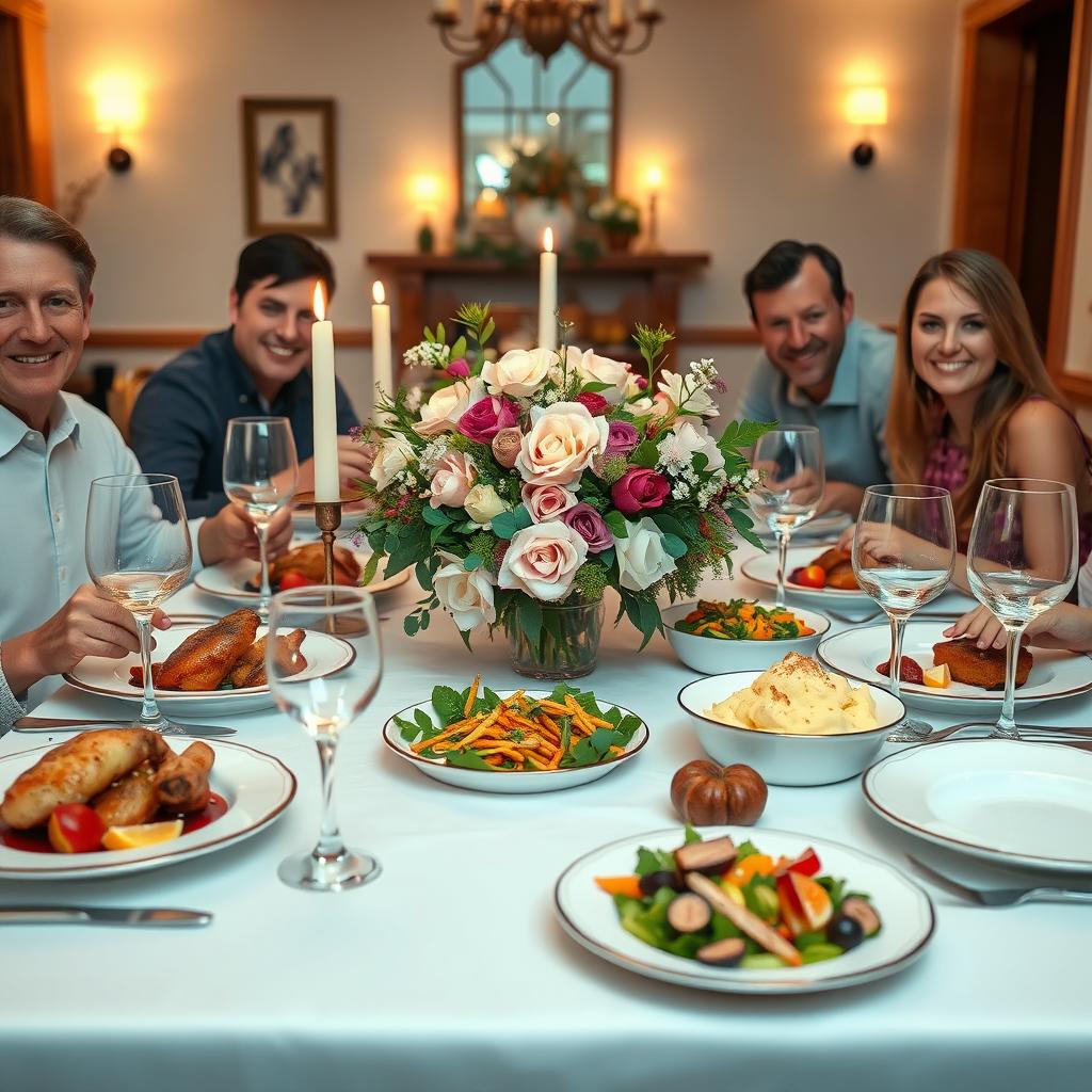 A beautifully arranged family dinner table set for six, featuring an elegant tablecloth, fine china plates, sparkling cutlery, and crystal wine glasses