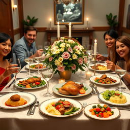 A beautifully arranged family dinner table set for six, featuring an elegant tablecloth, fine china plates, sparkling cutlery, and crystal wine glasses