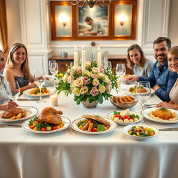 A beautifully arranged family dinner table set for six, featuring an elegant tablecloth, fine china plates, sparkling cutlery, and crystal wine glasses