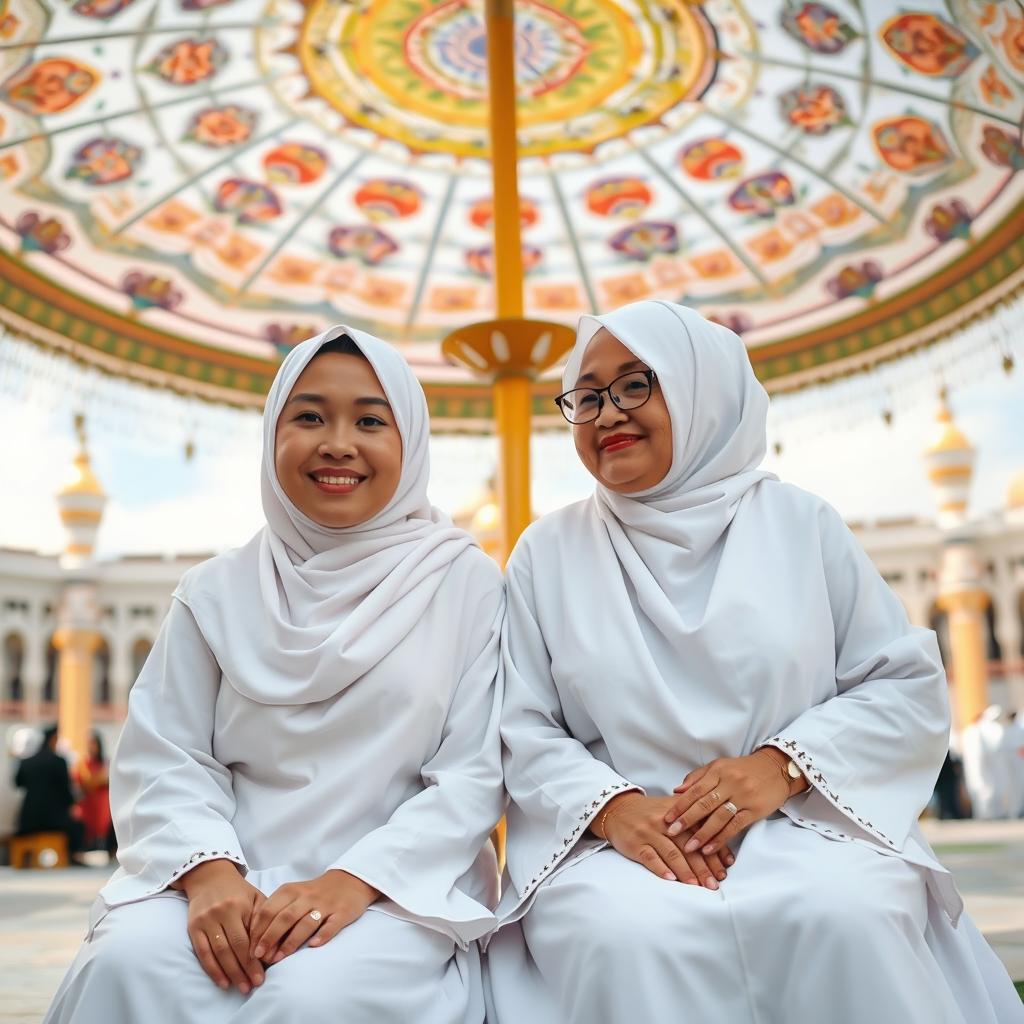 A full body photo of two Indonesian women sitting together beneath a beautiful Madinah landscape umbrella