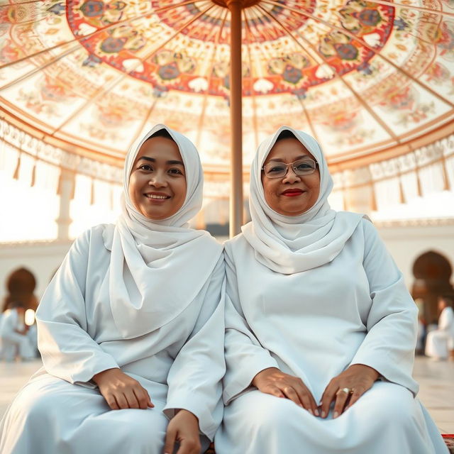 A full body photo of two Indonesian women sitting together beneath a beautiful Madinah landscape umbrella