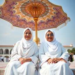 A full body photo of two Indonesian women sitting together beneath a beautiful Madinah landscape umbrella
