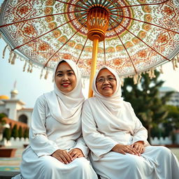 A full body photo of two Indonesian women sitting together beneath a beautiful Madinah landscape umbrella