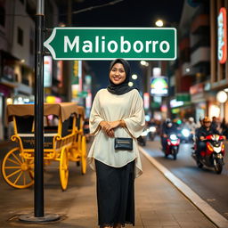 An Indonesian young woman standing elegantly and posing relaxed on the sidewalk of Jalan Malioboro at night in Yogyakarta